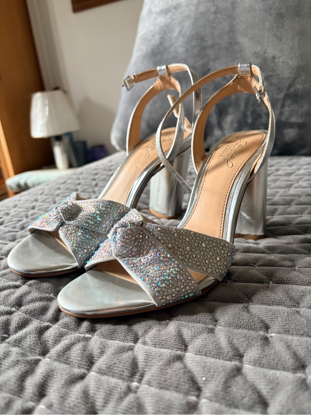 Badgley Mischka Silver Crystal Knot Block Heels